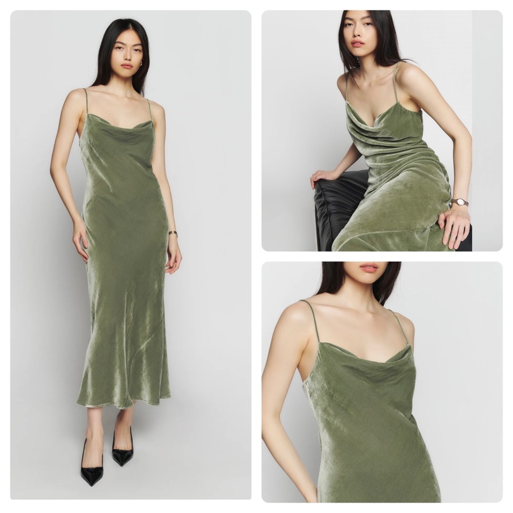 Reformation Salamanca Velvet Midi Dress in Artichoke worn once